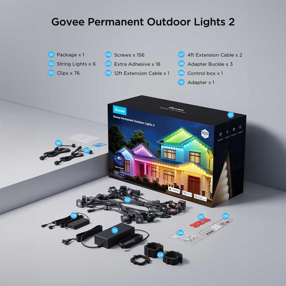 GOVEE GV-OUT-H705E-30M-PERMANENT2 - Govee Luces Exteriores Permanentes 2 - Wi-Fi 2.4 GHz + Bluetooth - Color segmentado + Blanco - 40 lúmenes/luz - Matter / Homekit / Alexa / Google Home - Para exterior / IP67 - imagen 2