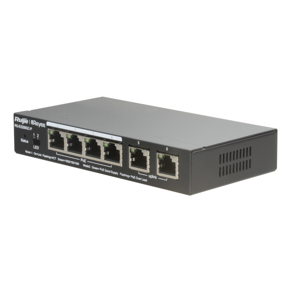 REYEE RG-ES206GC-P - Ruijie Reyee Cloud Managed L2 PoE Switch - 4 Puertos Gigabit PoE/PoE+ + 2 Uplinks Gigabit - Potencia PoE+ de 30W por puerto / Total 54W - Sistema PoE Watchdog para autoreinicio de cámaras - Interruptor DIP físico para monitoreo LED du - imagen 3