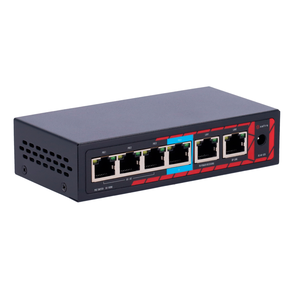 SAFIRE SF-POE-EXT0604-60 - Extensor PoE Safire. - Soporta estándares modernos IEEE 802.3af/at/bt. - Dispone de 6 puertos RJ45 (2 Uplink / 4 PoE). - Suministro de potencia masiva de hasta 60 W. - Transferencia de datos a velocidad de 10/100M. - Función int - imagen 3