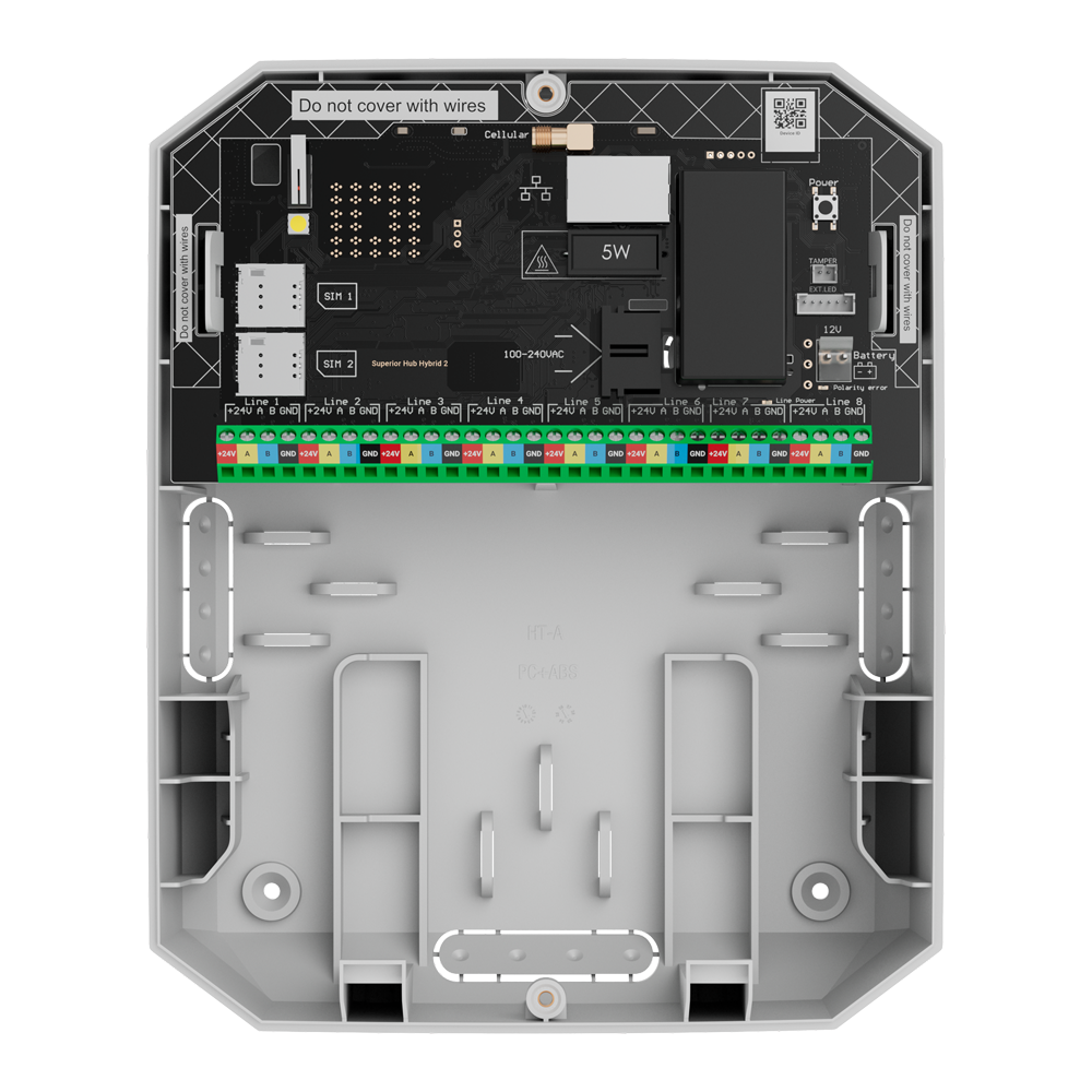 AJAX FIBRA-HUBHYBRID2-W - Central de alarma - Grado 3 - Inalámbrica: Superior Jeweller y TurboWings - Cableada: Fibra - Comunicación Ethernet y dual SIM 4G(LTE)/3G/2G - Hasta 250 dispositivos inalámbricos y cableados - 200 usuarios y 25 grupos de armado - imagen 3