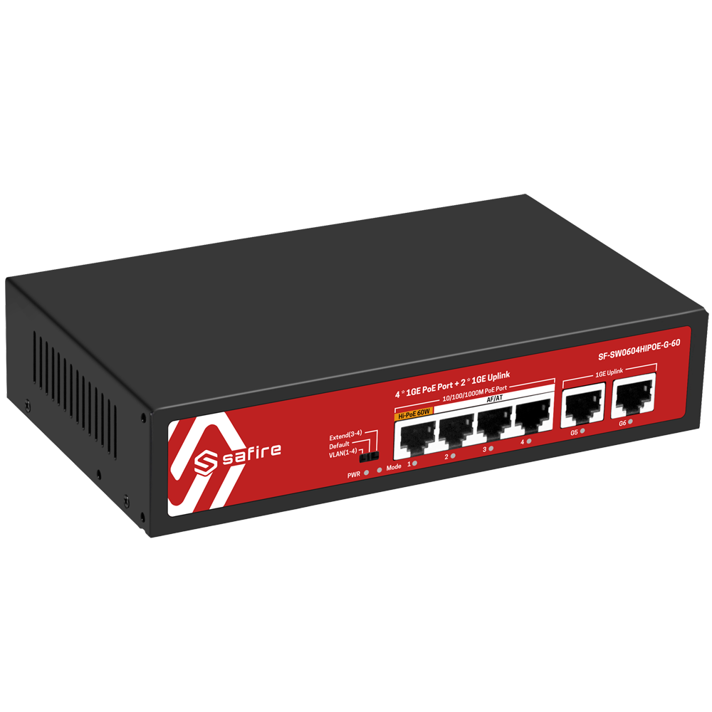 SAFIRE SF-SW0604HIPOE-G-60 - Safire Switch PoE - 4 puertos PoE + 2 Uplink RJ45 - Velocidad de puertos 10/100/1000 Mbps - 1 puerto PoE++ y 3 Puertos PoE+ 30W - Potencia PoE total de 60W - PoE Watchdog / Auto PoE Extendido Hasta 250m - imagen 3
