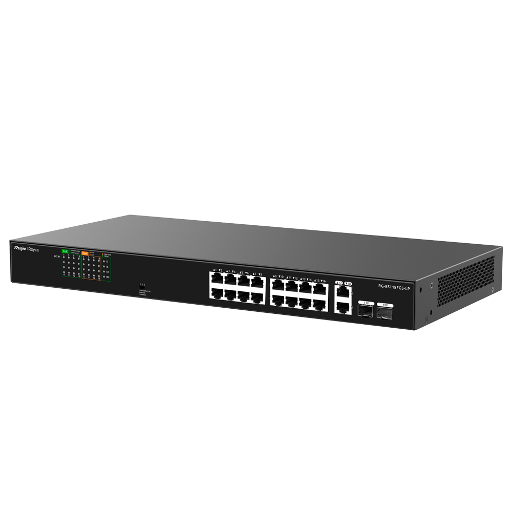 REYEE RG-ES118FGS-LP - Reyee Switch PoE Sobremesa - Carcasa Metal - Enracable - 16 Puertos RJ45 10/100 Mbps + 2 Uplink Gigabit - 16 Puertos PoE+ 802.3af/at | Potencia total 120W - Plug and Play - Tecnología ahorro de energía - imagen 3