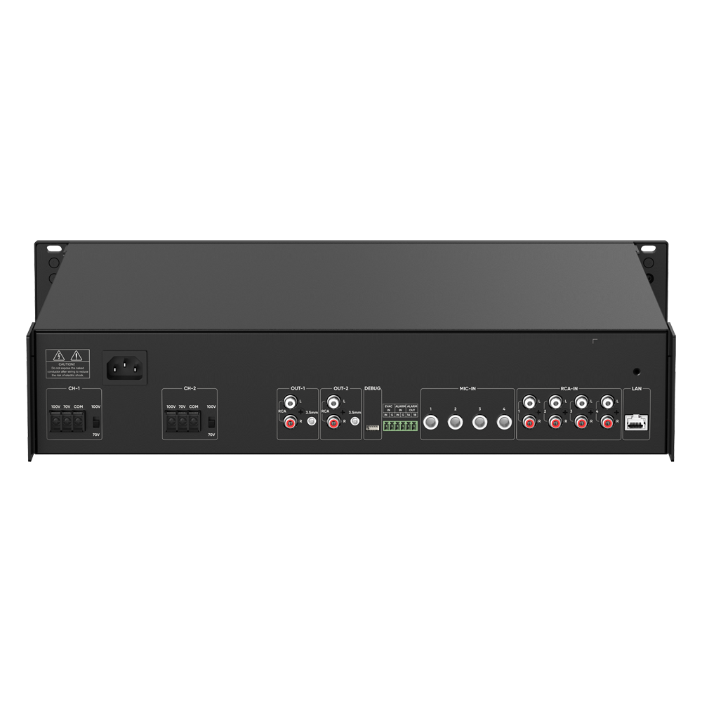 HIKVISION DS-QAZ1A500G1-VB2 - Amplificador en red - Funciones mezcladoras básicas - Amplificador 100 V - Reproductor USB / BT / MIC / RCA - Potencia nominal 500 W - Hasta 2 zonas - imagen 3