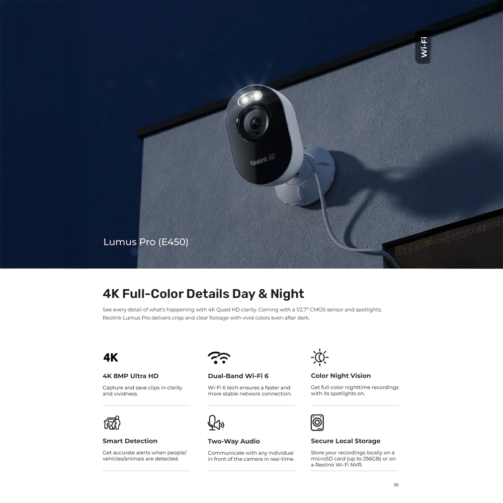 REOLINK RL-E-SERIES-E450 - Reolink Camara Wifi Dual-Band Lumus Series E450 - 8MP (3840x2160) - IR 10 m | Night Color - Detección IA Personas / Mascotas / Vehículos - Audio Bidireccional / Ranura MicroSD - Apta para exterior IP65 - imagen 3