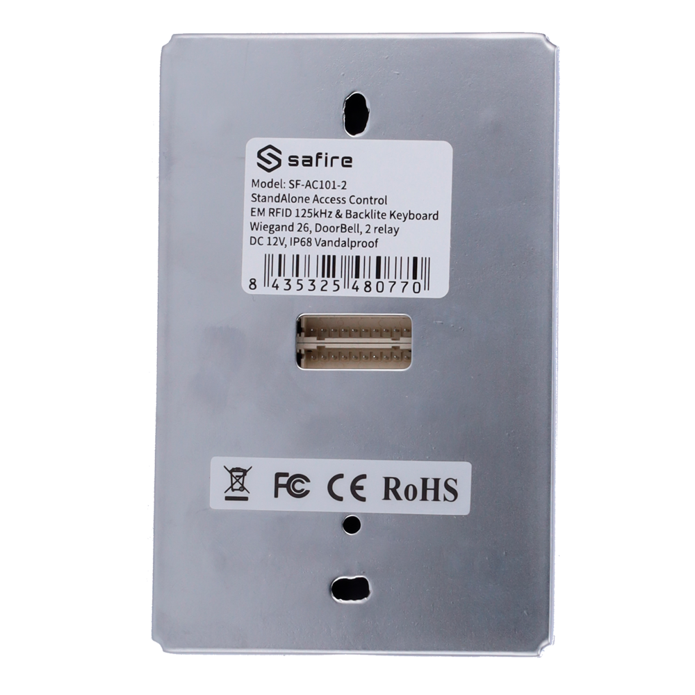 SAFIRE SF-AC101-2 - Control de acceso autónomo - Acceso por tarjeta EM y PIN - 2 salidas de relé, pulsador, sensor y timbre - Wiegand 26 - Control de tiempos | Anti-passback - Apto para exterior IP68 - imagen 3