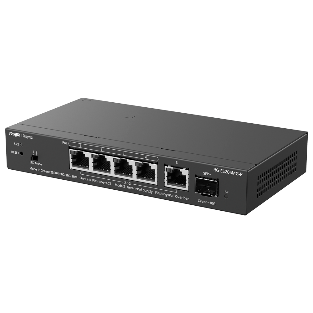 REYEE RG-ES206MG-P - Ruijie Reyee Cloud Managed L2 Switch - 4 Puertos 2.5G PoE/PoE+ + 1 Uplink RJ45 2.5G - 1 Ranura SFP+ de 10 Gbps para fibra óptica - Potencia PoE+ de 30W por puerto / Total 70W - Sistema PoE Watchdog para autoreinicio de cámaras - Gesti - imagen 3