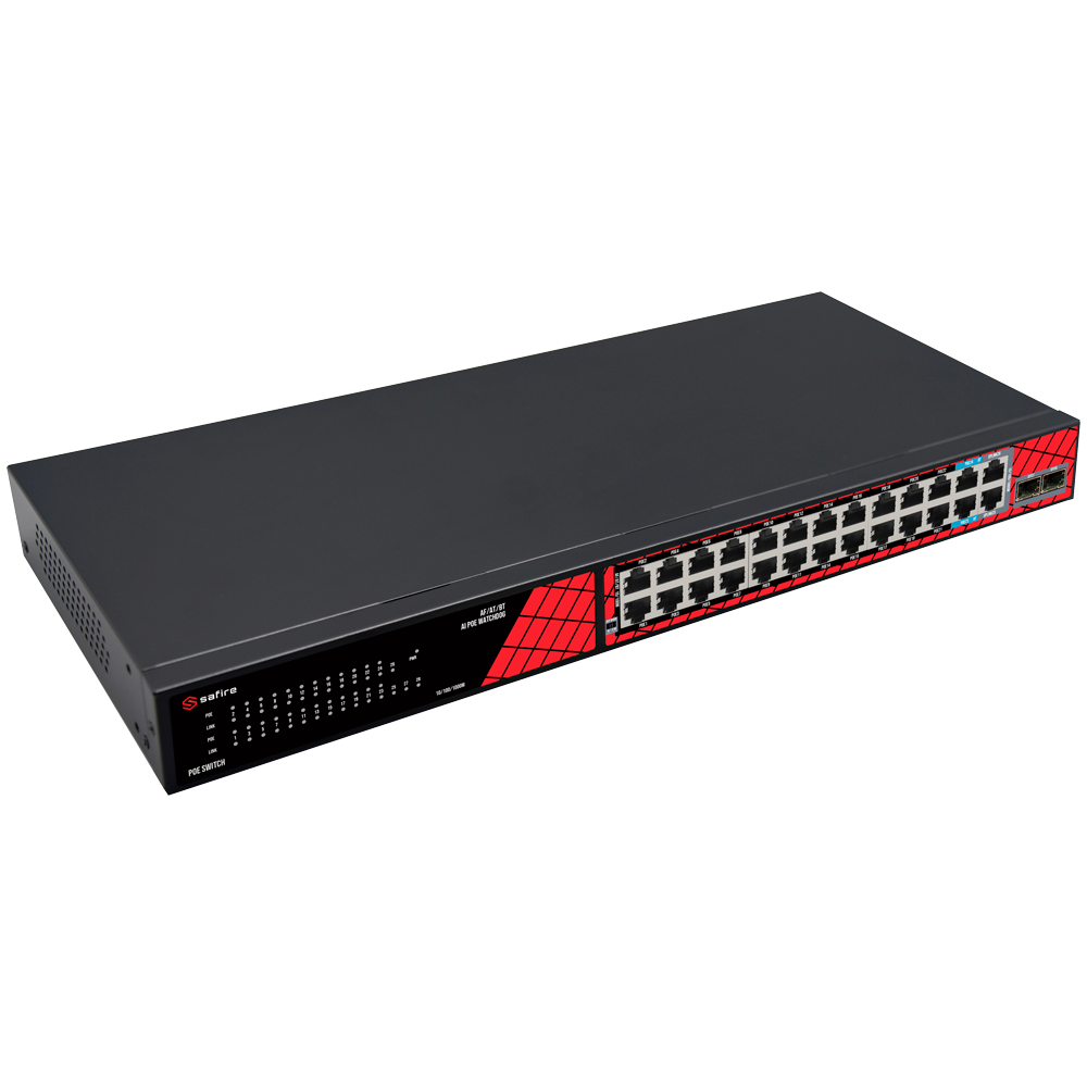 SAFIRE SF-SW2824HIPOE-MF-300 - Safire Switch Hi-PoE - 24 puertos PoE + 2 RJ45 Uplink + 2*MGESFP Uplink - Velocidad de puertos Fast Ethernet 10/100 Mbps - 22 Puertos PoE+ 30W + 2 Puertos Hi-PoE 60W - PoE Watchdog - Hasta 300W Potencia PoE total - imagen 3