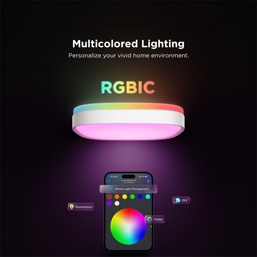 GOVEE GV-CEILING-H80A4-12IN-SQUARE - Plafón Govee cuadrado doble LED - Wi-Fi 2.4 GHz + Bluetooth - Color segmentado + Blanco cálido/frío - Intensidad 2400 lúmenes - Matter / Homekit / Alexa / Google Home - Para interior - imagen 3