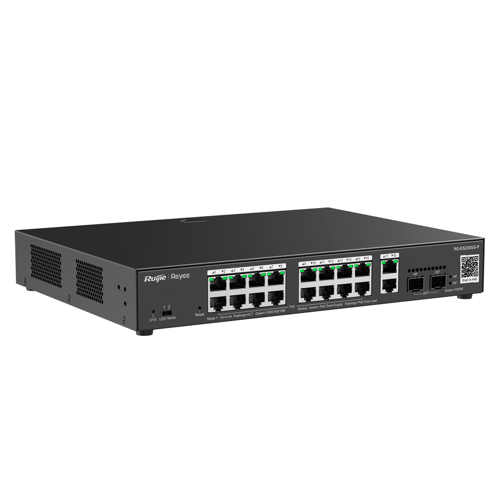 REYEE RG-ES220GS-P - Ruijie Reyee Cloud Managed L2 Switch - 20 Puertos Totales (16 PoE+ / 2 Uplink / 2 SFP) - Enlaces de fibra SFP para distancias extensas - Potencia PoE+ masiva de 30W / Total 250W - Sistema PoE Watchdog para autoreinicio de cámaras - Ge - imagen 3