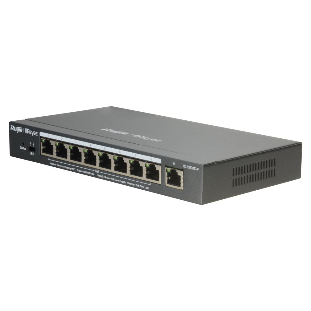 REYEE RG-ES209GC-P - Ruijie Reyee Cloud Managed L2 Switch - 8 Puertos Gigabit PoE/PoE+ + 1 Uplink Gigabit - Potencia PoE+ de 30W por puerto / Total 120W - Sistema PoE Watchdog para autoreinicio de cámaras - Interruptor DIP físico para monitoreo LED dual - imagen 3