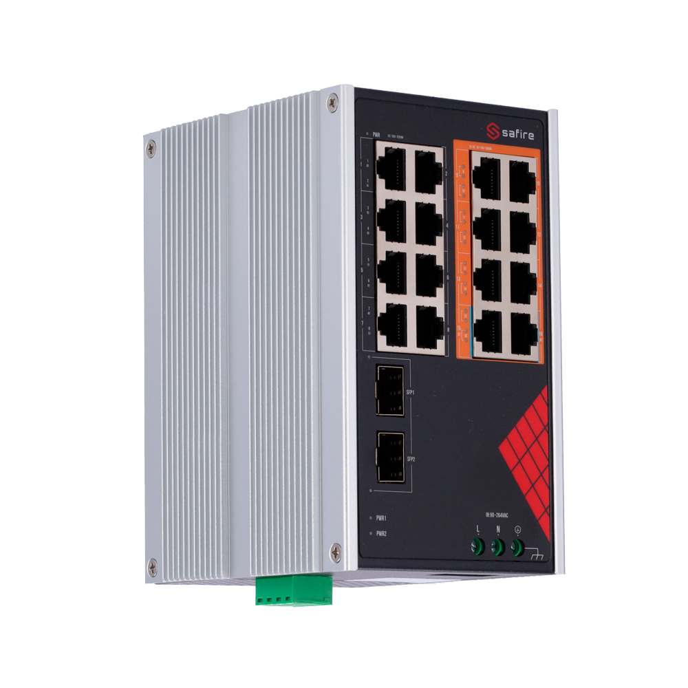SAFIRE SF-SWI1808HIPOE-GF-AC-130-DIN - Safire Switch Industrial Alimentación AC y DC - 16 puertos Gigabit + 2 SFP Gigabit - 6 Puertos PoE+ 30W + 2 Puertos Hi-PoE 60W - PoE Watchdog - Hasta 130W Potencia PoE total - Instalación carril DIN - imagen 3