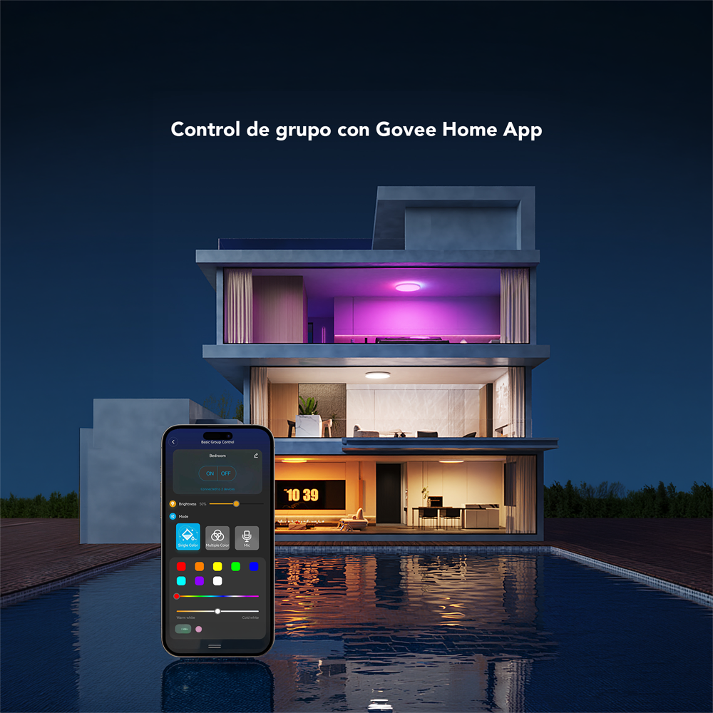 GOVEE GV-CEILING-H80A1-12IN-ROUND - Plafón Govee redondo doble LED - Wi-Fi 2.4 GHz + Bluetooth - Color segmentado + Blanco cálido/frío - Intensidad 2400 lúmenes - Matter / Homekit / Alexa / Google Home - Para interior / 30 cm diámetro - imagen 3