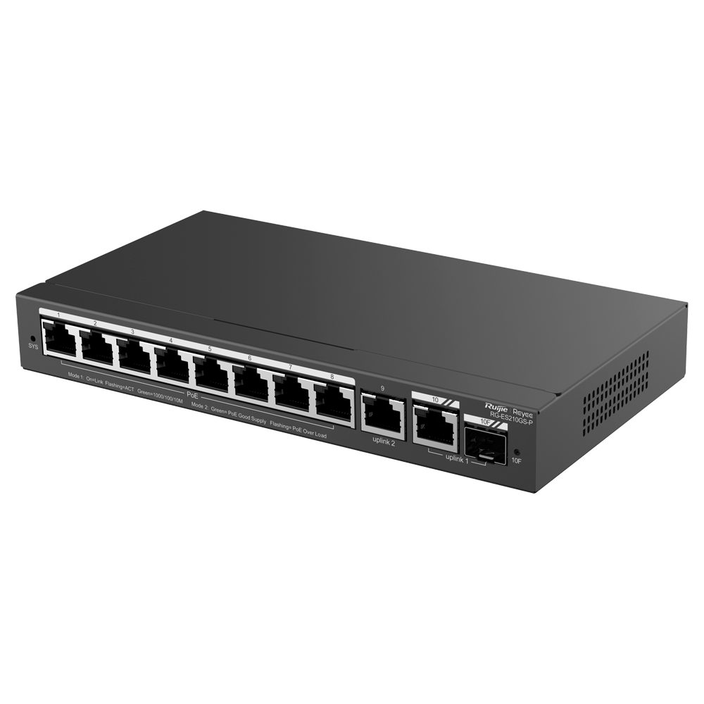 REYEE RG-ES210GS-P - Ruijie Reyee Cloud Managed L2 Switch - 8 Puertos Gigabit PoE/PoE+ + 1 Enlace Combo GE - Ranura SFP Gigabit para enlaces de fibra óptica - Potencia PoE+ de 30W por puerto / Total 120W - Sistema PoE Watchdog para autoreinicio de cámaras - imagen 3