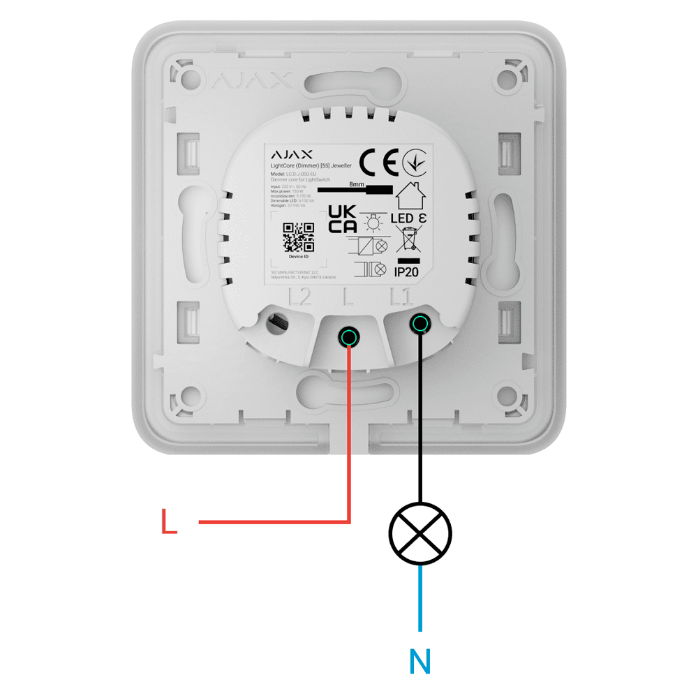 AJAX AJ-LIGHTCORE-DIMMER - Relé interruptor de luz inteligente regulable - Inalámbrico 868 MHz Jeweller - Alcance de comunicación hasta 900 m - Alimentación 230 V AC 50 Hz - Sin necesidad de cable neutro - Ajax - LightSwitch LightCore (Dimmer) - imagen 3