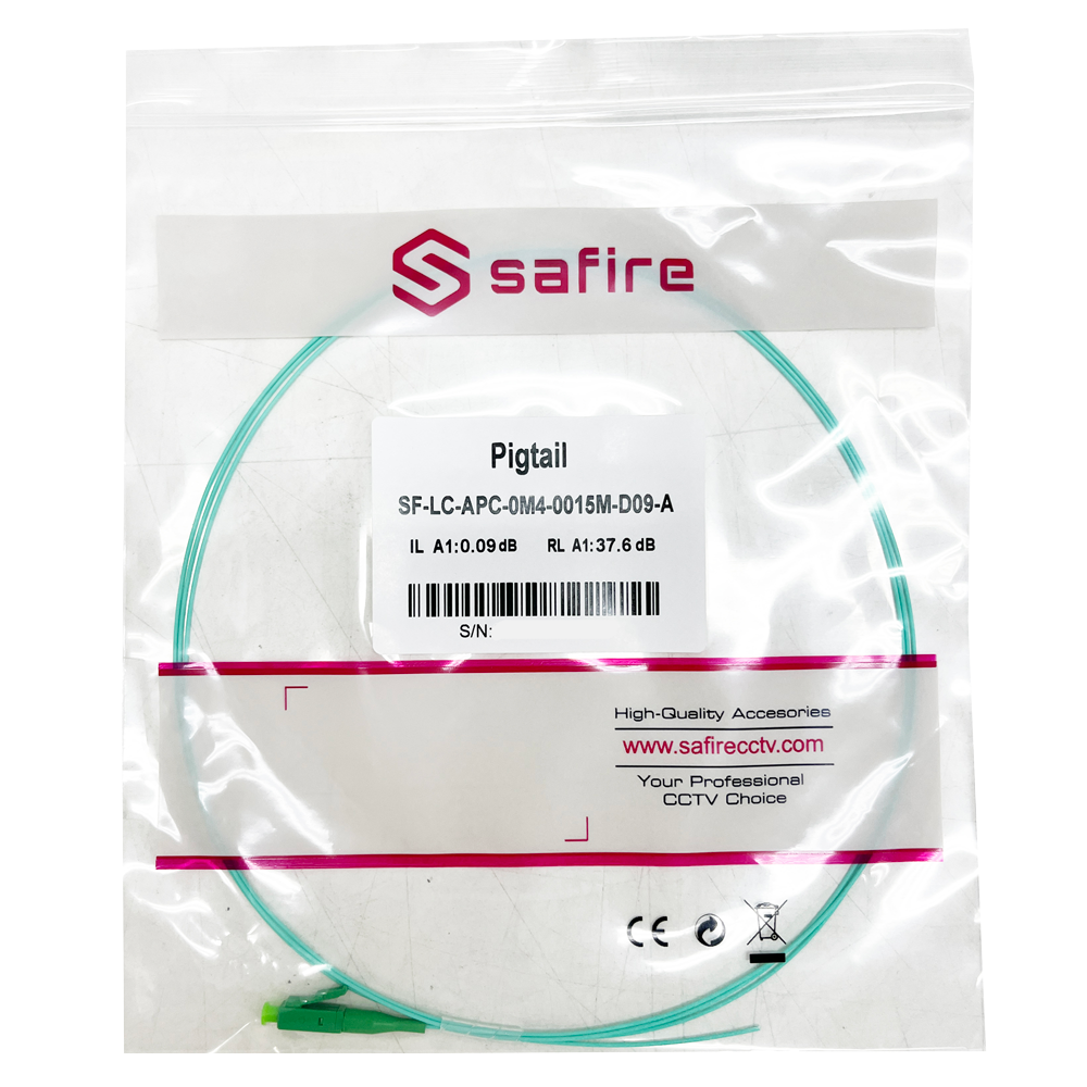 SAFIRE SF-LC-APC-OM4-0015M-D09-A - Pigtail de fibra óptica simplex - Fibra multimodo OM4 de alta velocidad - Conector LC con pulido APC - Diámetro ultrafino de 0.9 mm (tight buffer) - Longitud exacta de 1.5 metros - Cubierta exterior LSZH color Aqua - imagen 3