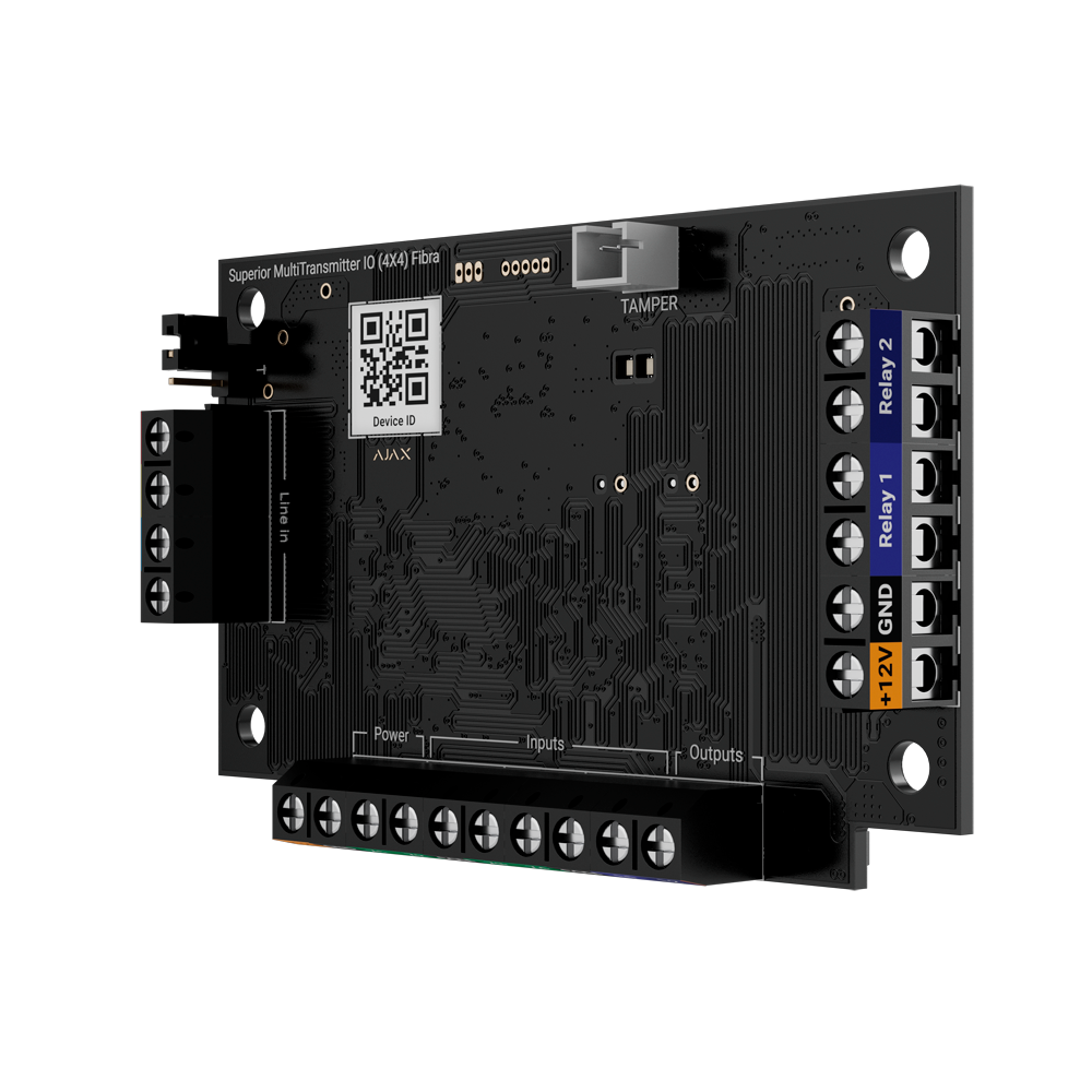 AJAX FIBRA-MULTITRANSMITTER-IO4X4 - Módulo de 4 entradas/4 salidas - Protocolo Fibra - Certificado grado 3 - 4 entradas, 2 salidas relé y 2 salidas lógicas - Alarma configurable NC, NO, EOL, 2EOL, 3EOL - 2 salidas de alimentación 12V / 50 mA - imagen 3