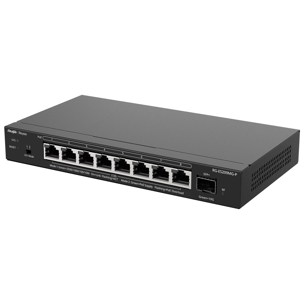 REYEE RG-ES209MG-P - Ruijie Reyee Cloud Managed L2 Switch - 8 Puertos Multi-Gigabit 2.5G PoE/PoE+ - 1 Ranura SFP+ de 10 Gbps para fibra óptica - Potencia PoE+ de 30W por puerto / Total 130W - Sistema PoE Watchdog para autoreinicio de cámaras - Gestión en - imagen 3