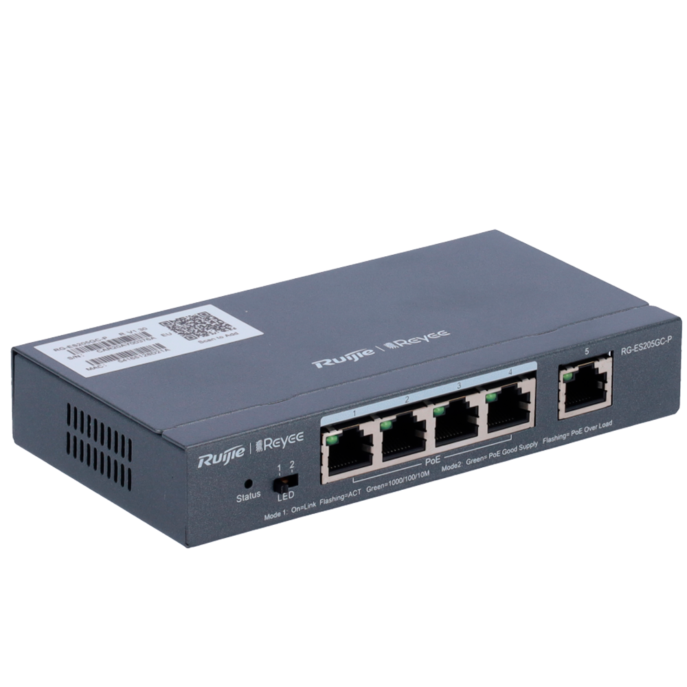 REYEE RG-ES205GC-P - Ruijie Reyee Cloud Managed L2 PoE Switch - 4 Puertos Gigabit PoE/PoE+ + 1 Uplink Gigabit - Potencia PoE+ de 30W por puerto / Total 54W - Sistema PoE Watchdog para autoreinicio de cámaras - Interruptor DIP físico para monitoreo LED dua - imagen 3