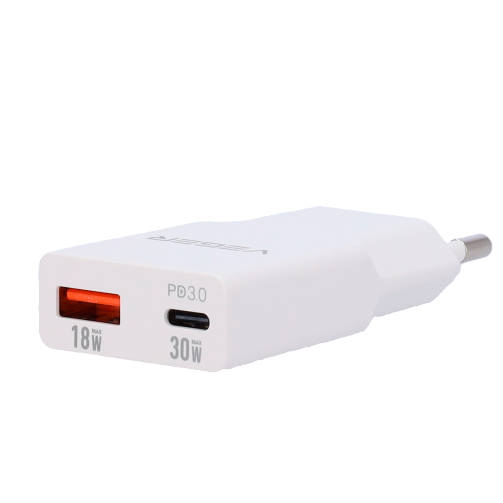 VEGER VG-30W1A1C - VEGER - Cargador USB QC3.0 / PD3.0 - Potencia 30W - Carga 2 dispositivos a la vez - Salidas USB-A, USB-C - Color blanco - imagen 3