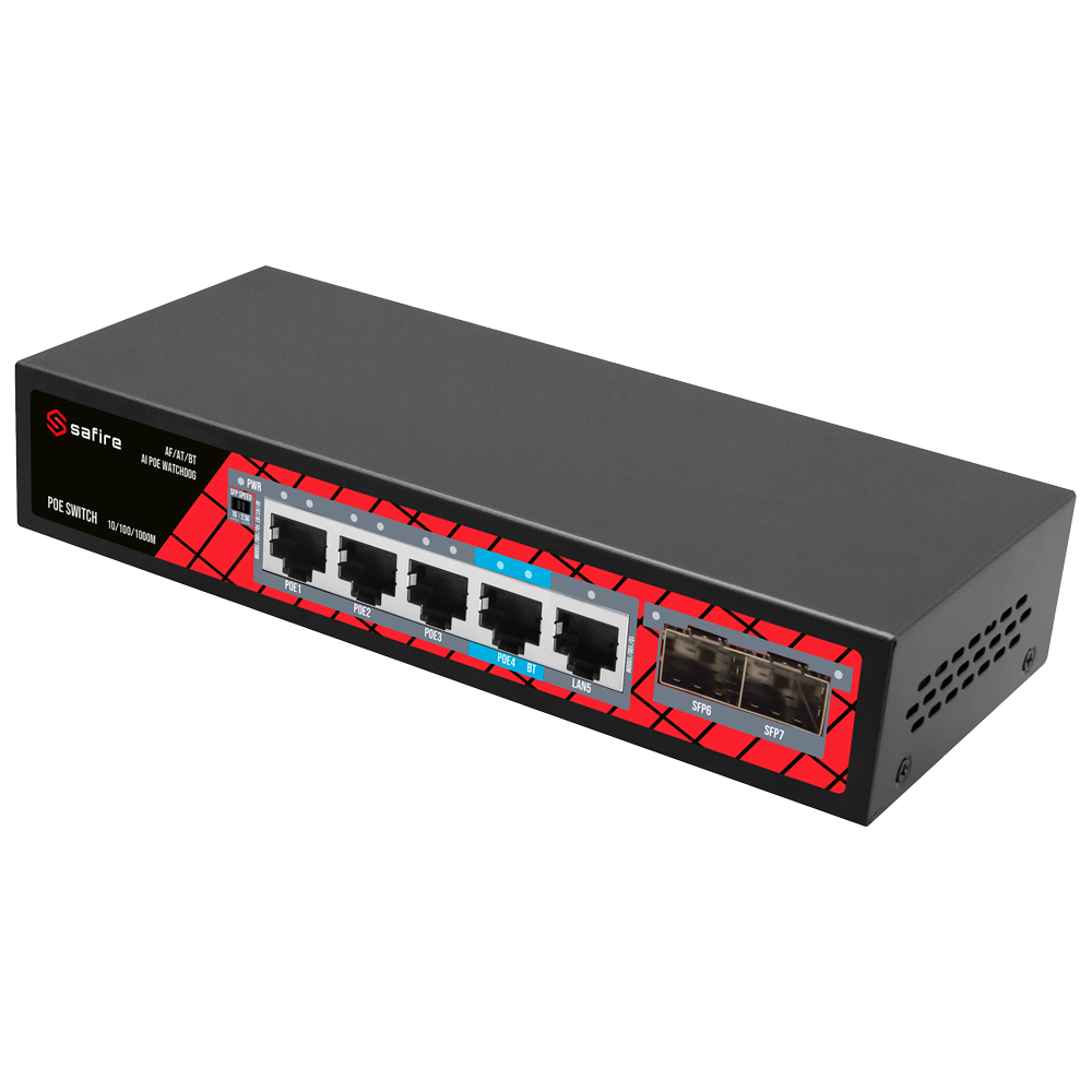 SAFIRE SF-SW0704HIPOE-GMF-65 - Safire Switch PoE - 4 puertos PoE + 1 Uplink RJ45 + 2 SFP (1G/2,5G) - Velocidad de puertos 10/100/1000 Mbps - 4 Puertos PoE+ 30W ( puerto 4 hasta 60w ) - Potencia PoE total de 65W - PoE Watchdog / Auto PoE Extendido Hasta 13 - imagen 3