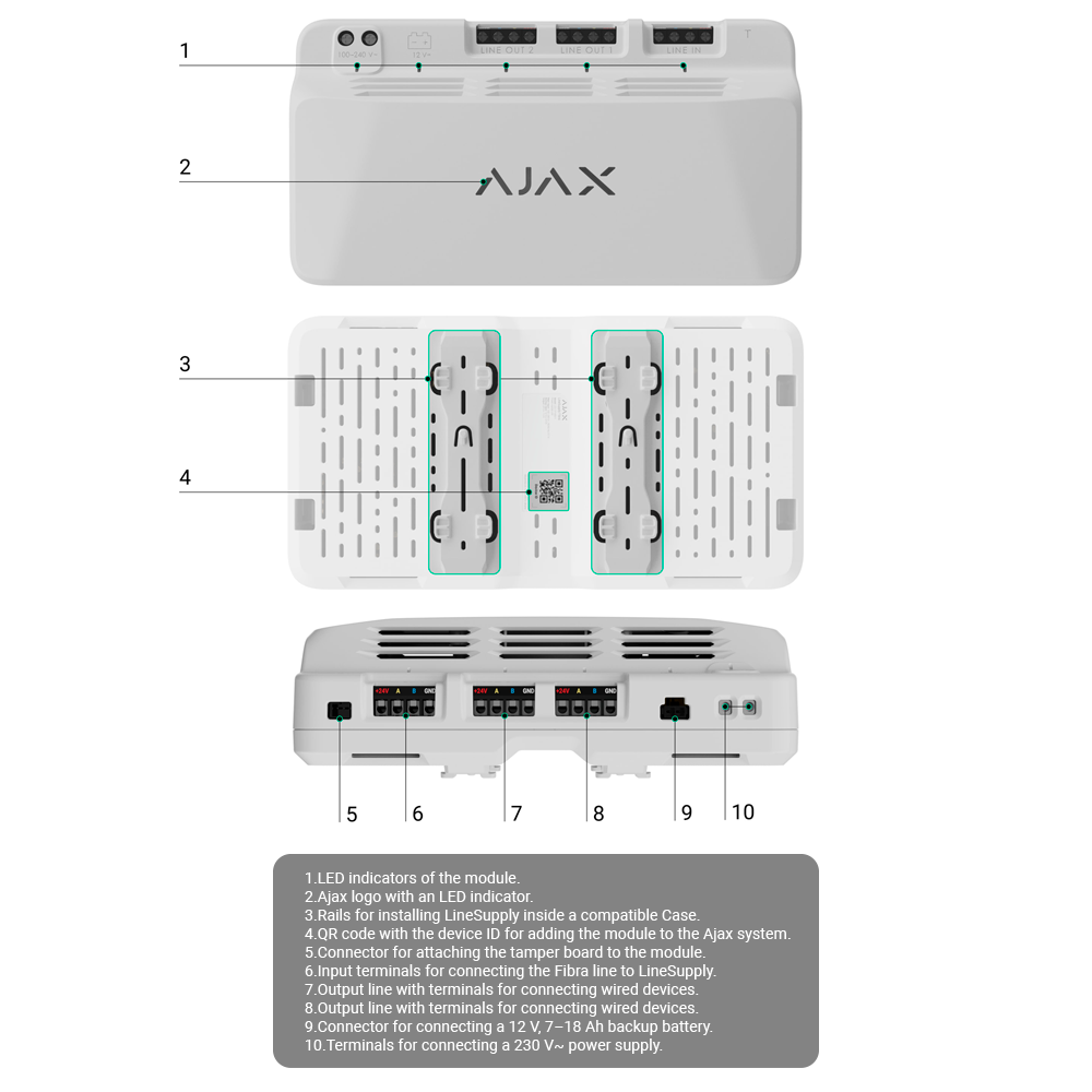 AJAX FIBRA-LINESUPPLY-75W-W - Módulo para alimentación adicional del bus Fibra - Potencia de salida de 75 W - Certificado grado 3 - Amplía el alcance hasta 2.000 metros más - Hasta 10 módulos por bus - Alimentación principal a 230 VAC - imagen 3